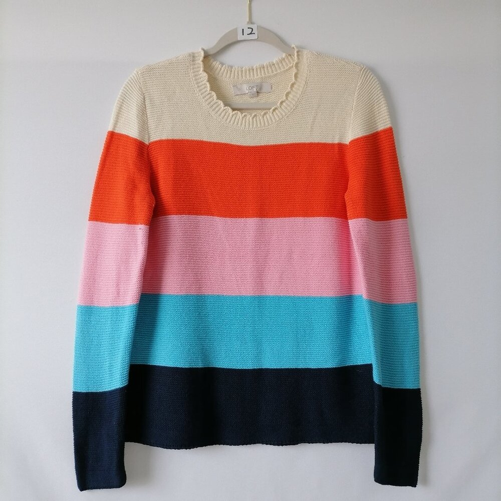 LOFT Cream, Orange, Pink, Teal & Navy Striped Crewneck Sweater
